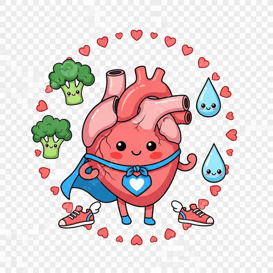Playful kawaii DTF heat transfer design for Heart Health Month featuring a cute high-contrast heart character with clean outlines, ready to press on t-shirts hoodies and tote bags for small businesses and apparel brands