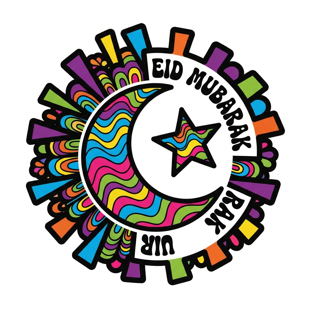 Eid al-Fitr psychedelic 60s style ready to press DTF heat transfer graphic with bold swirling colors and vector illustration for t-shirts and apparel