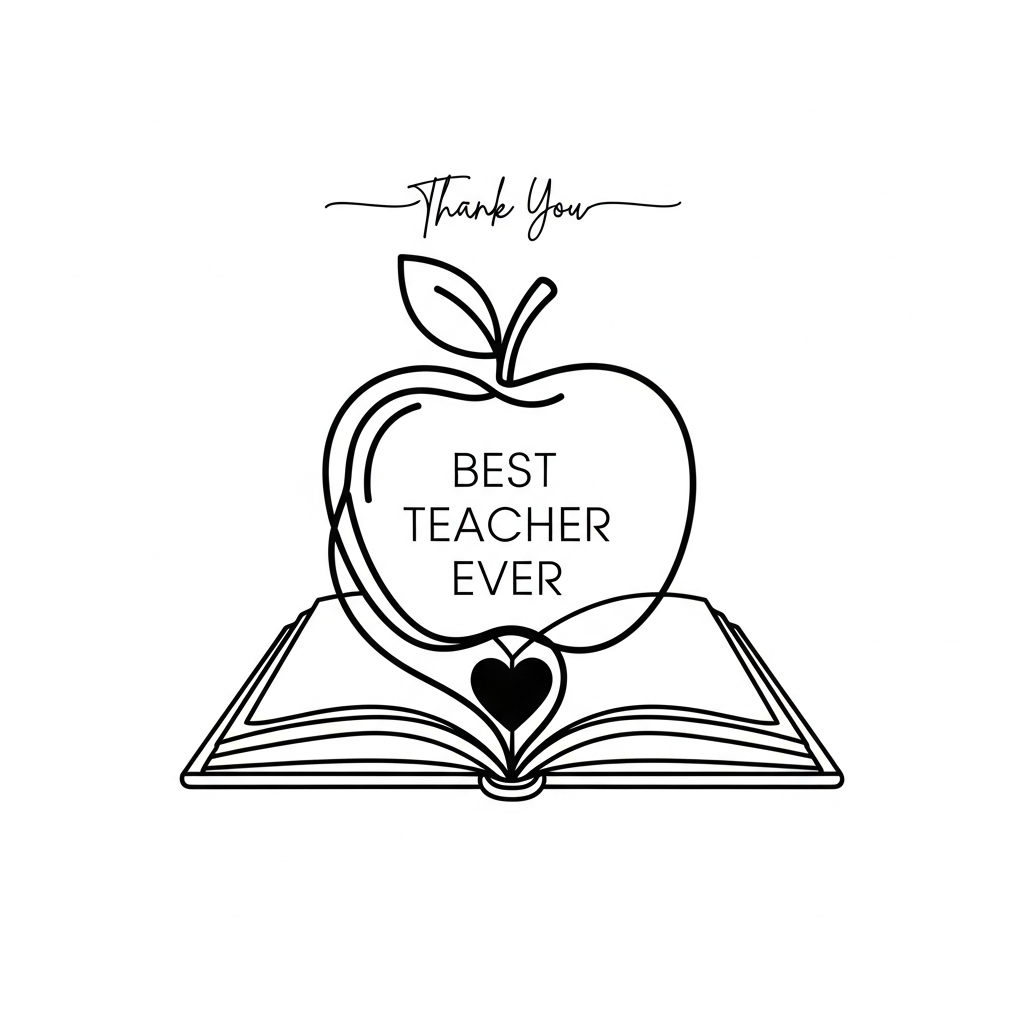 Teacher Appreciation Day minimalist line art DTF heat transfer design, ready to press, centered vector illustration with clean outlines, high contrast, suitable for t-shirts hoodies and tote bags