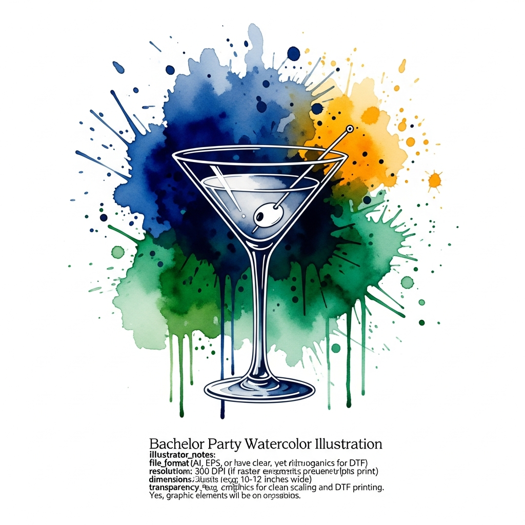 Watercolor illustration bachelor party DTF heat transfer graphic, ready to press, featuring high-contrast colors and clean outlines, suitable for t-shirts and hoodies