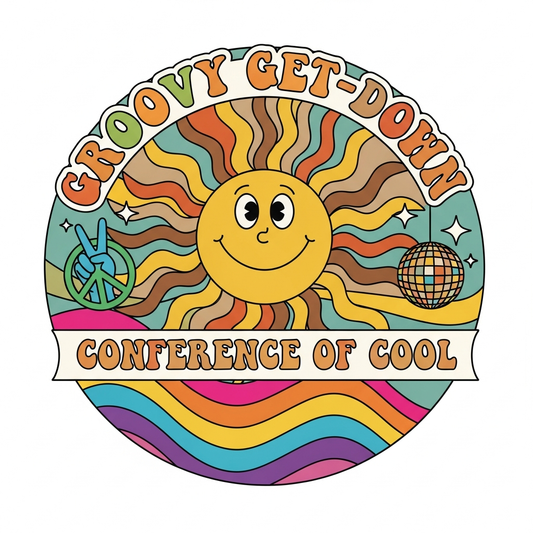 Groovy 70s retro conference event DTF heat transfer graphic with bold colors and vector style illustration, ready to press on t-shirts and apparel