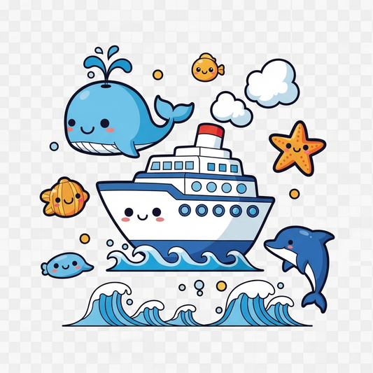 Kawaii cute cruise vacation ready-to-press DTF heat transfer graphic with playful vector illustration style, high contrast colors and clean outlines, suitable for t-shirts hoodies and tote bags