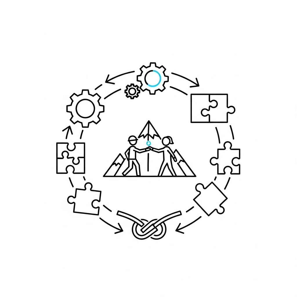 Minimalist line art team building event DTF heat transfer design, ready to press, centered composition with clean vector outlines and high contrast colors, suitable for t-shirts hoodies and tote bags