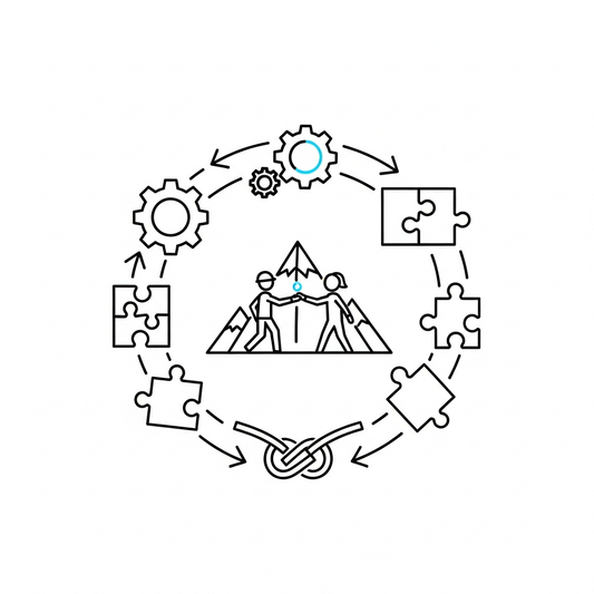 Minimalist line art team building event DTF heat transfer design, ready to press, centered composition with clean vector outlines and high contrast colors, suitable for t-shirts hoodies and tote bags