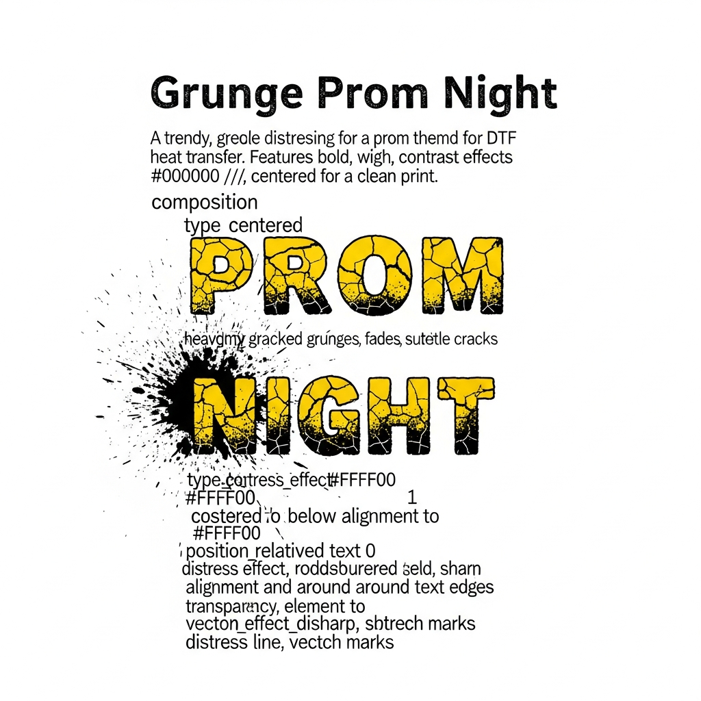 Prom grunge distressed lettering ready to press DTF heat transfer graphic with high contrast colors and bold edgy typography design suitable for t-shirts and hoodies