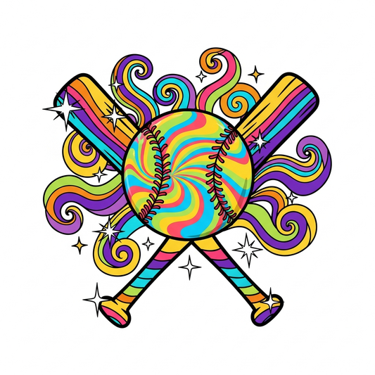 Psychedelic 60s style softball season DTF heat transfer graphic with bold colors, swirling retro patterns, and vector illustration – ready to press on t-shirts, hoodies, and apparel