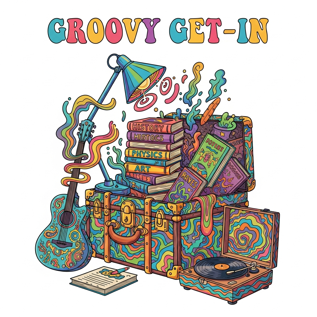 Psychedelic 60s style College Move-In Day ready to press DTF heat transfer graphic with swirling high contrast colors and bold vector illustration, suitable for t-shirts hoodies and tote bags