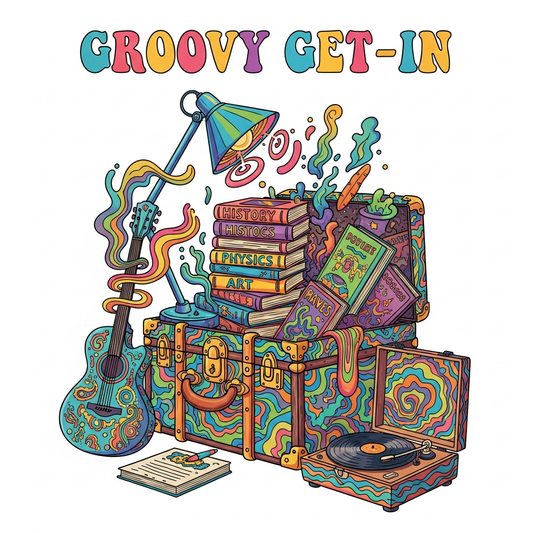 Psychedelic 60s style College Move-In Day ready to press DTF heat transfer graphic with swirling high contrast colors and bold vector illustration, suitable for t-shirts hoodies and tote bags