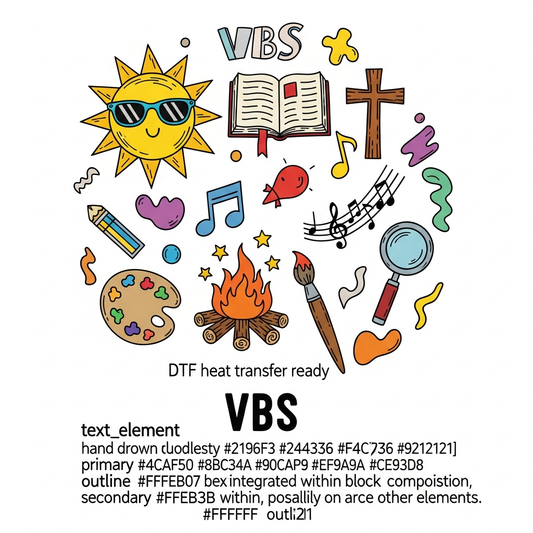 Hand drawn doodle style Vacation Bible School ready to press DTF heat transfer graphic with bold outlines and high contrast colors, suitable for t-shirts, hoodies, and tote bags