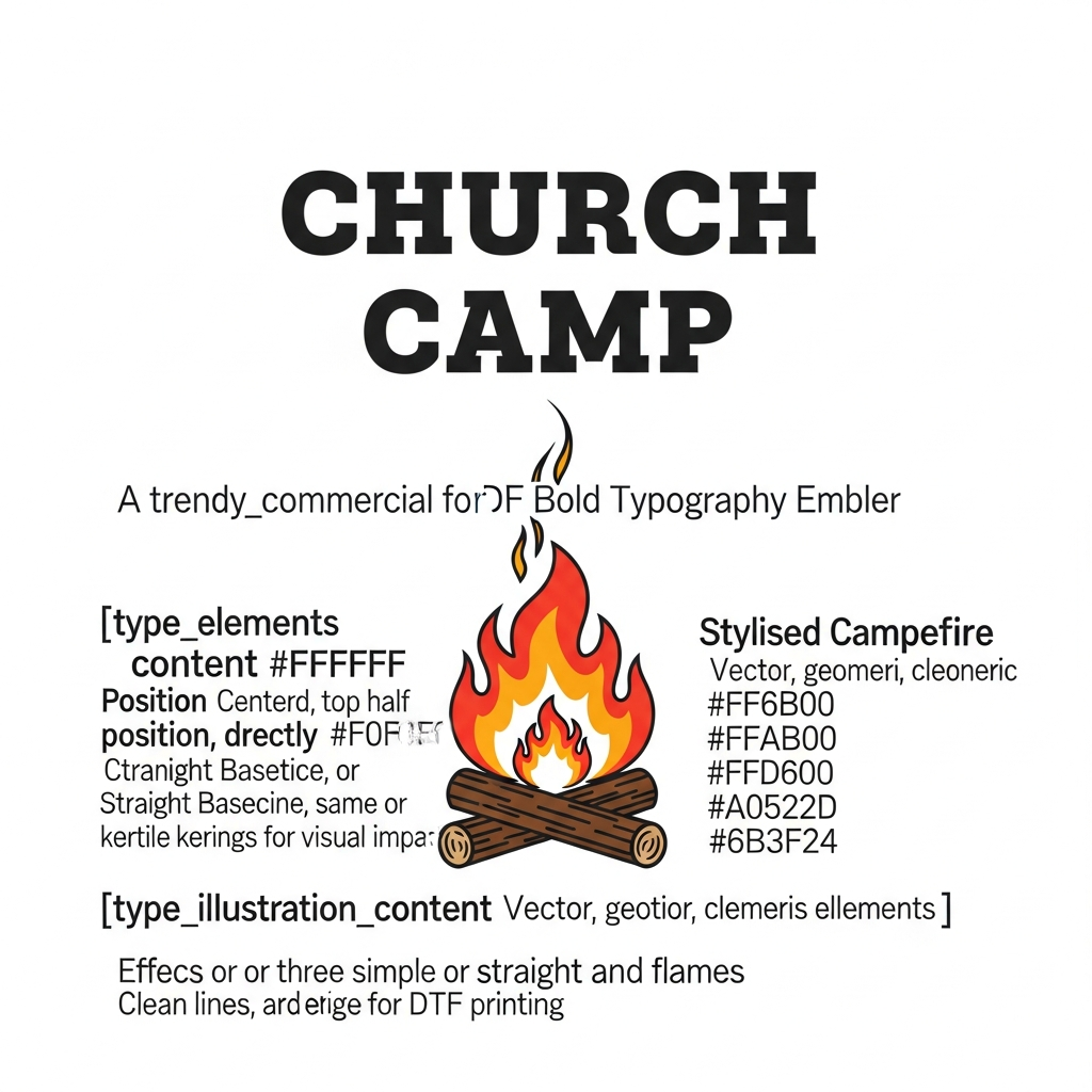 Bold typography Church Camp ready to press DTF heat transfer design for t-shirts and hoodies, high contrast centered graphic suitable for Christian apparel and youth ministry merchandise