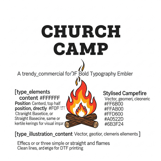 Bold typography Church Camp ready to press DTF heat transfer design for t-shirts and hoodies, high contrast centered graphic suitable for Christian apparel and youth ministry merchandise