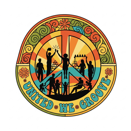Groovy 70s retro team building event ready to press DTF heat transfer graphic with bold vintage illustration and high contrast colors, suitable for t-shirts hoodies and custom apparel