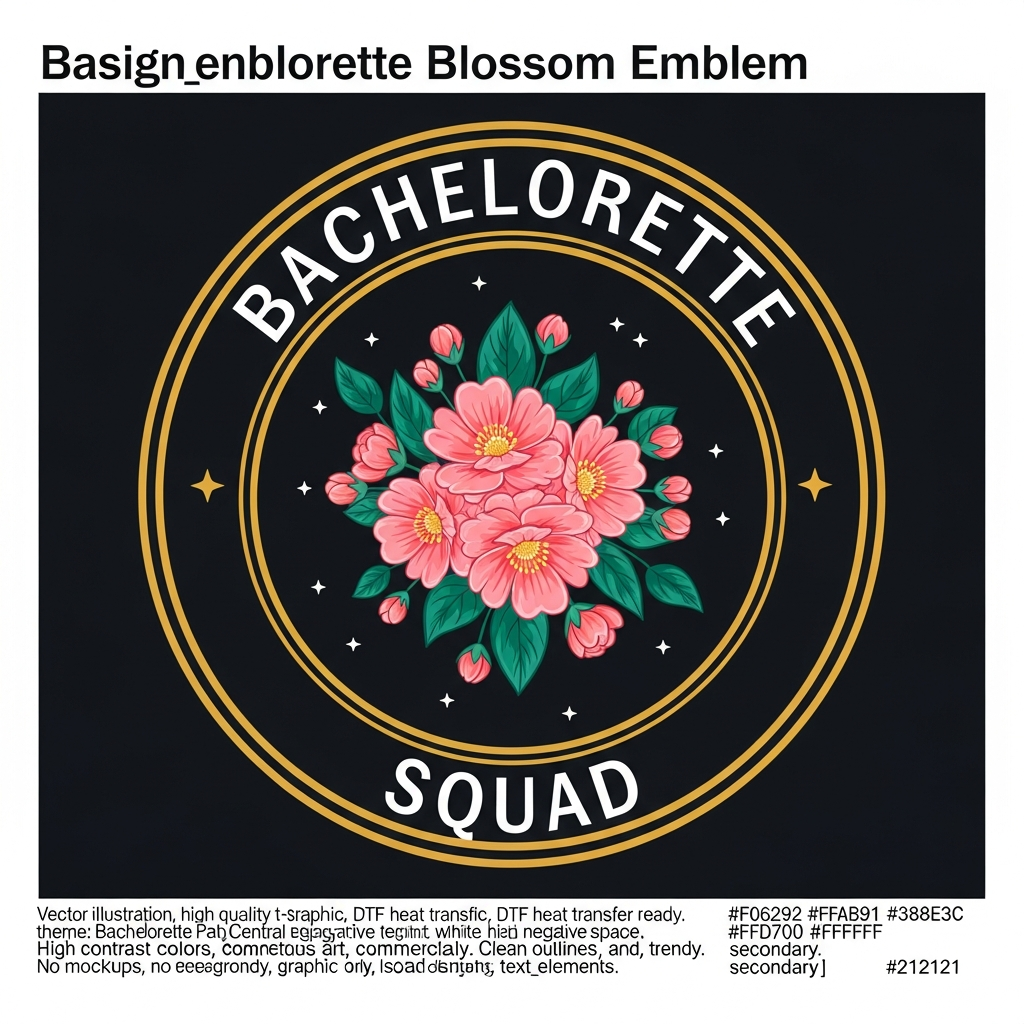 Bachelorette party badge emblem ready to press DTF heat transfer graphic with high contrast colors and vector style design suitable for t-shirts hoodies and tote bags