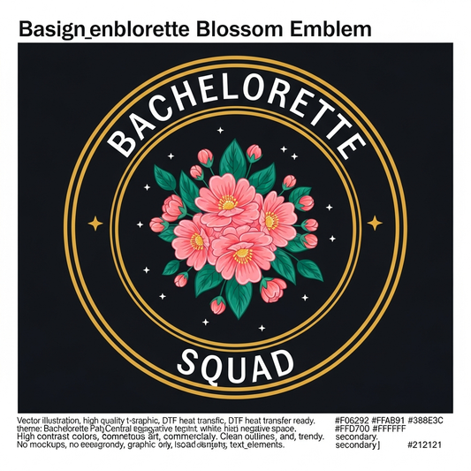Bachelorette party badge emblem ready to press DTF heat transfer graphic with high contrast colors and vector style design suitable for t-shirts hoodies and tote bags
