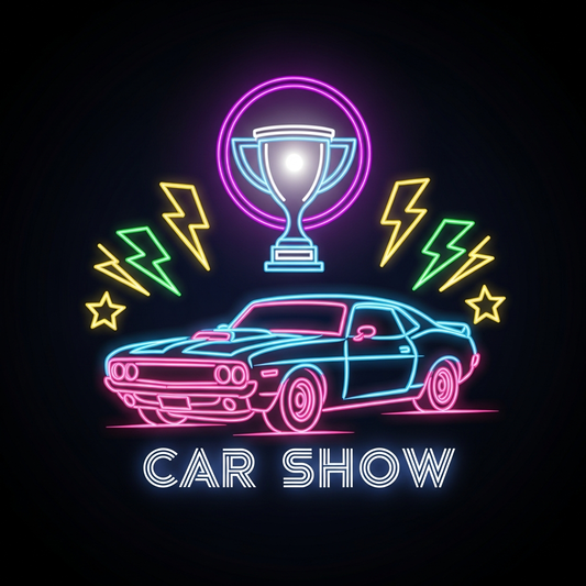Car show neon glow ready to press DTF heat transfer graphic featuring vibrant neon illustration with high contrast vector style design suitable for t-shirts hoodies and apparel