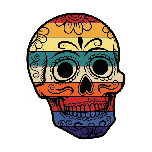 Dia de los Muertos retro sunset stripes ready to press DTF heat transfer graphic featuring a vibrant vector-style illustration with high contrast colors and clean outlines, suitable for t-shirts hoodies and tote bags