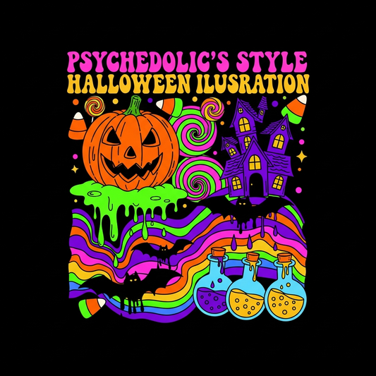 Psychedelic 60s style Halloween DTF heat transfer graphic featuring bold vector illustration with high contrast colors, ready to press on t-shirts hoodies and apparel