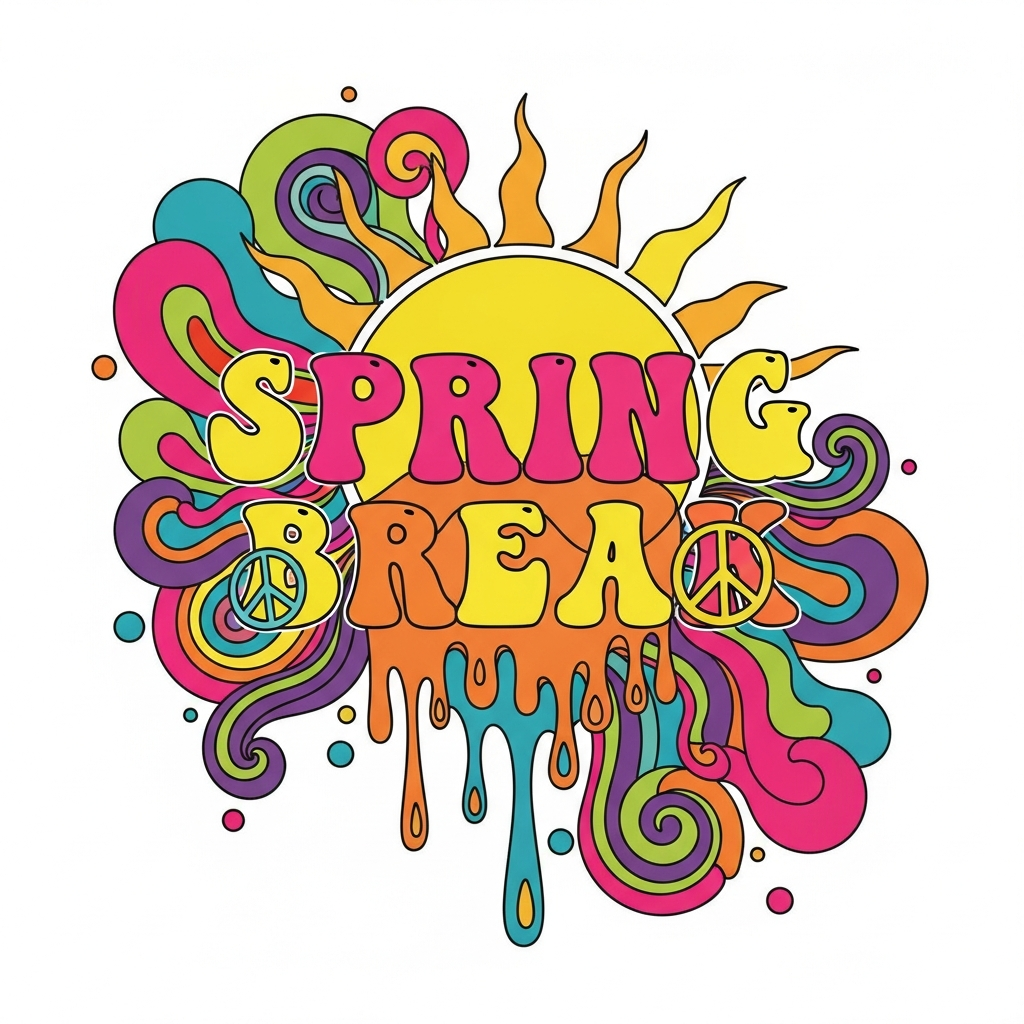 Psychedelic 60s style Spring Break ready to press DTF heat transfer graphic featuring swirling retro patterns and high contrast colors on a transparent background, suitable for t-shirts hoodies and tote bags