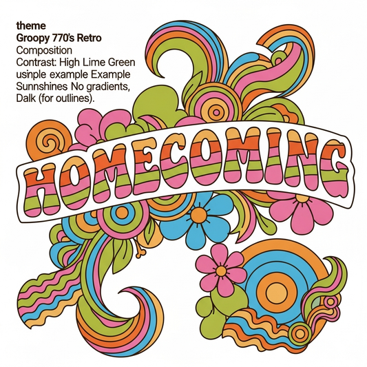 Groovy 70s retro homecoming DTF heat transfer design with bold high-contrast colors and vector-style illustration, ready to press on t-shirts hoodies and apparel