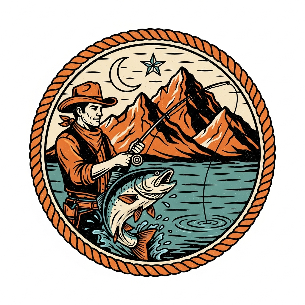 Fishing Trip western cowboy vintage ready to press DTF heat transfer graphic with high contrast vector illustration design for t-shirts and hoodies