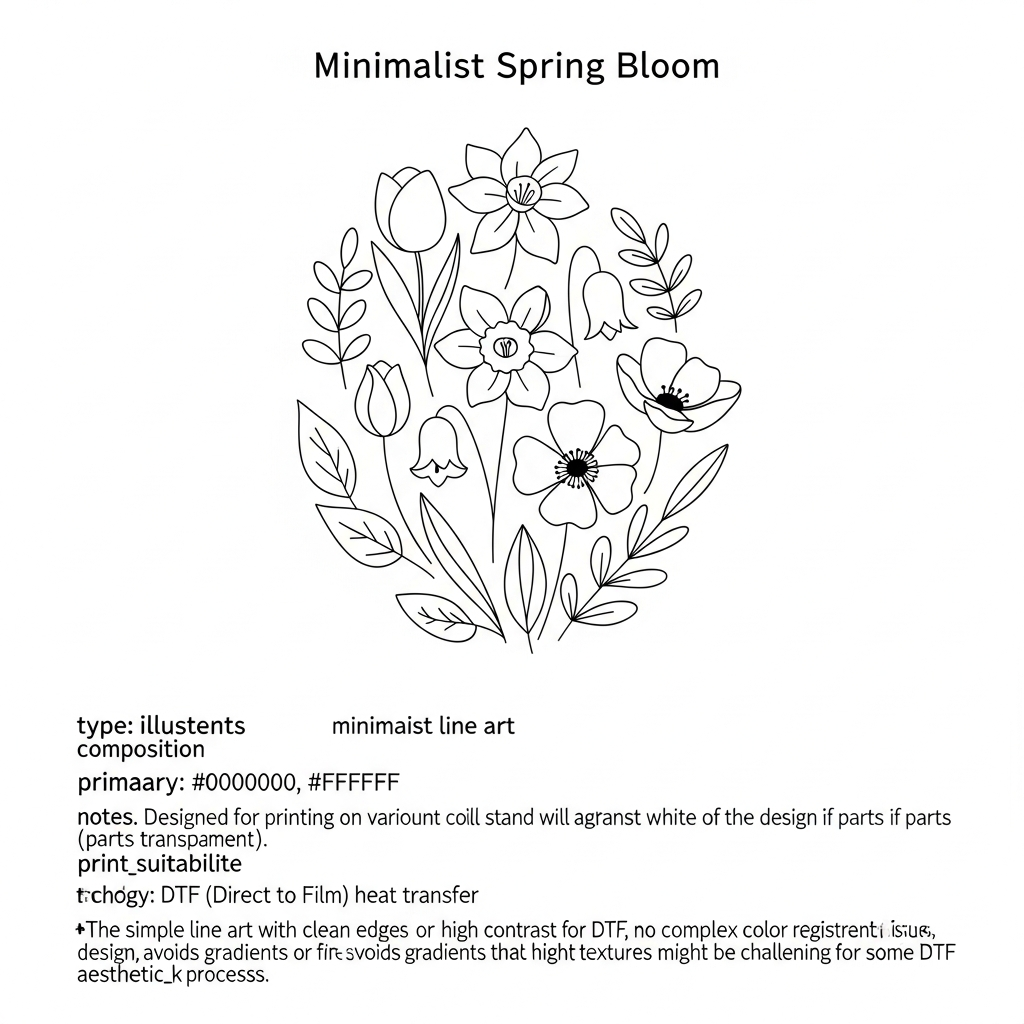 Minimalist line art Spring Collection ready-to-press DTF heat transfer graphic with clean vector-style outlines and high contrast design, suitable for t-shirts, hoodies, and apparel printing