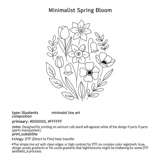Minimalist line art Spring Collection ready-to-press DTF heat transfer graphic with clean vector-style outlines and high contrast design, suitable for t-shirts, hoodies, and apparel printing