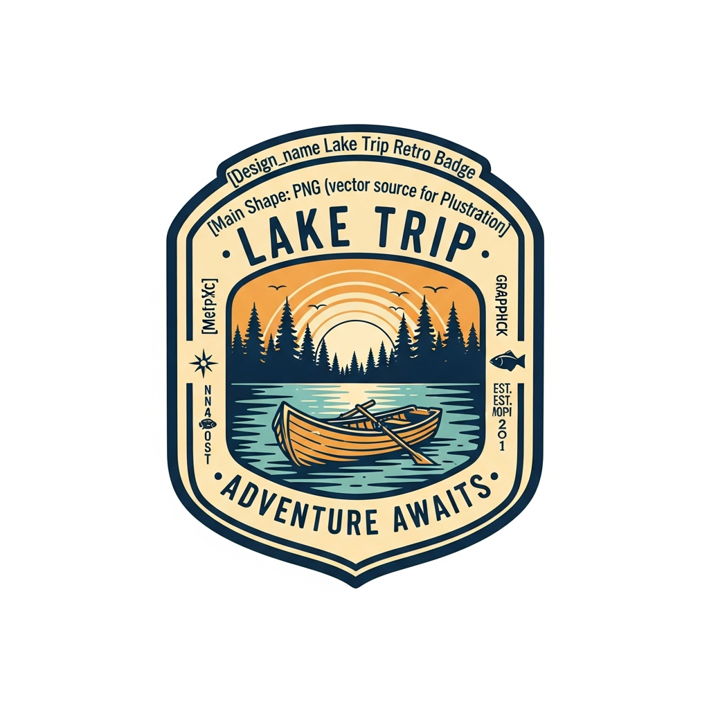 Lake Trip retro badge logo ready to press DTF heat transfer graphic with high contrast vintage style design suitable for t-shirts hoodies and tote bags