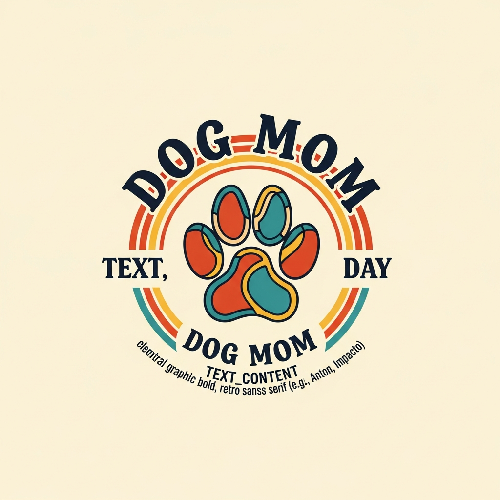 Retro badge logo DTF heat transfer design for Dog Mom Day, featuring high contrast colors and vector-style illustration, ready to press onto t-shirts, hoodies, and tote bags