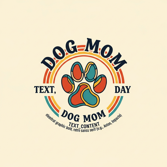 Retro badge logo DTF heat transfer design for Dog Mom Day, featuring high contrast colors and vector-style illustration, ready to press onto t-shirts, hoodies, and tote bags