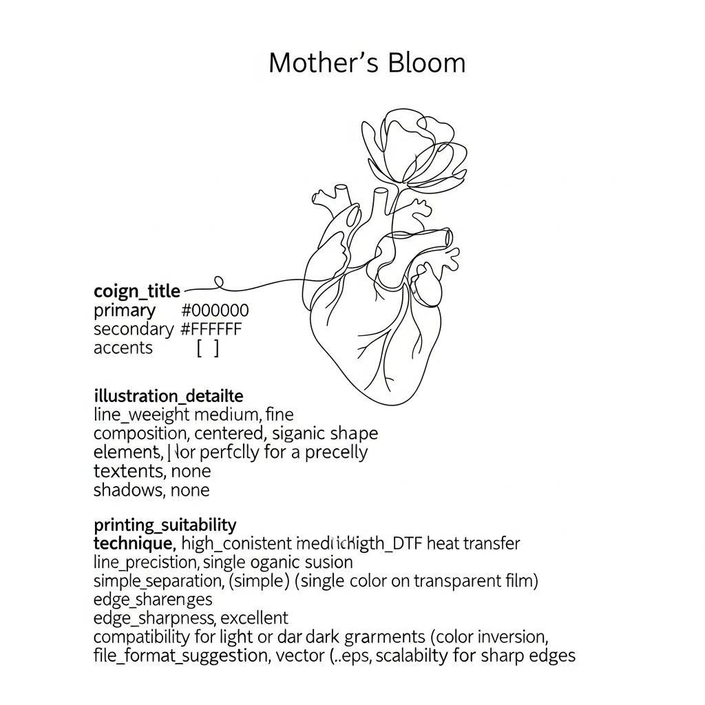 Mother's Day minimalist line art ready to press DTF heat transfer graphic with clean outlines and high contrast design, suitable for t-shirts, hoodies, and tote bags