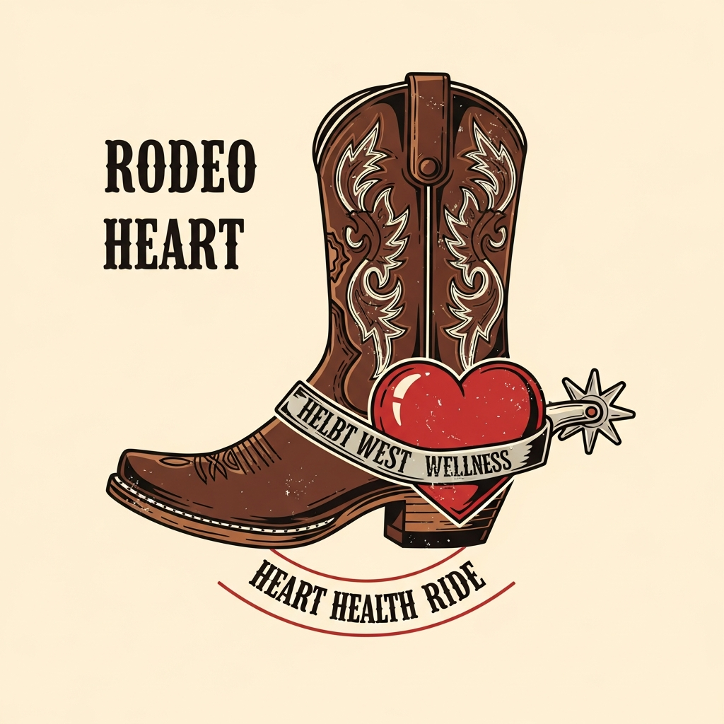 Western cowboy vintage heart health month DTF heat transfer graphic with bold high contrast vector style illustration ready to press on t-shirts and hoodies