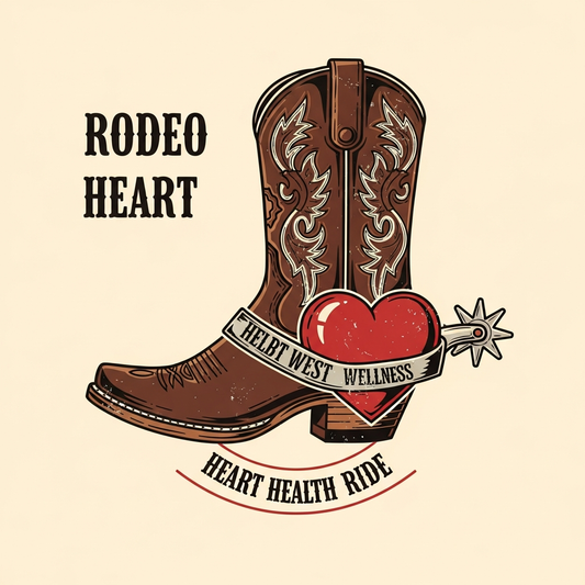 Western cowboy vintage heart health month DTF heat transfer graphic with bold high contrast vector style illustration ready to press on t-shirts and hoodies