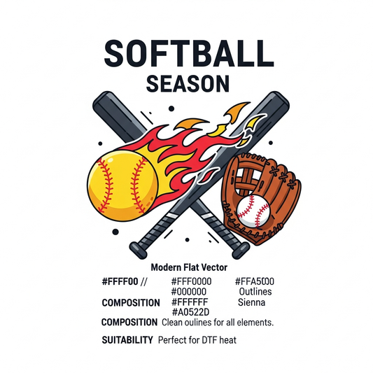 Modern flat vector softball season DTF heat transfer graphic with high-contrast colors and clean outlines, ready to press on t-shirts and apparel