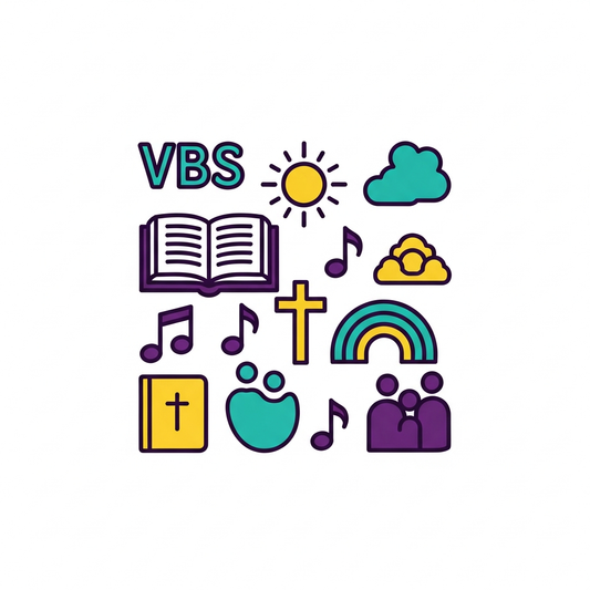 Vacation Bible School ready-to-press DTF heat transfer graphic featuring a bold outline illustration style design, centered composition with high-contrast colors, suitable for t-shirts, hoodies, and tote bags