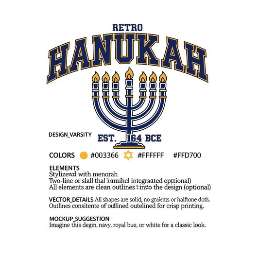 Retro varsity style Hanukkah DTF heat transfer graphic, ready to press, featuring high contrast colors and clean vector illustration for t-shirts, hoodies, and apparel