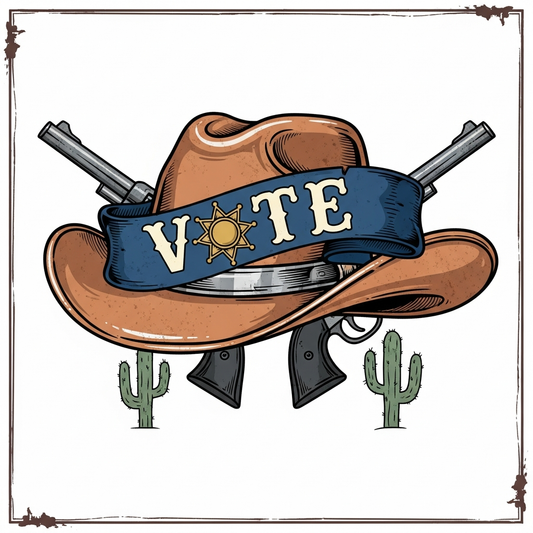 Election Day western cowboy vintage DTF heat transfer graphic with high-contrast vector illustration, centered composition, clean outlines, ready to press on t-shirts hoodies and apparel