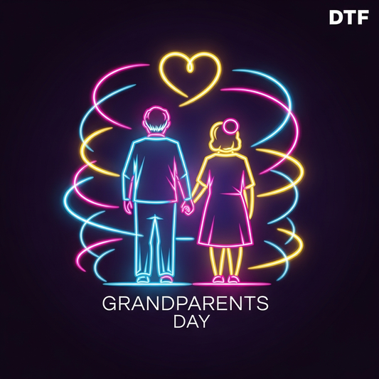 Grandparents Day neon glow style ready to press DTF heat transfer graphic with vibrant high-contrast colors and clean vector-style illustration, suitable for t-shirts hoodies and tote bags