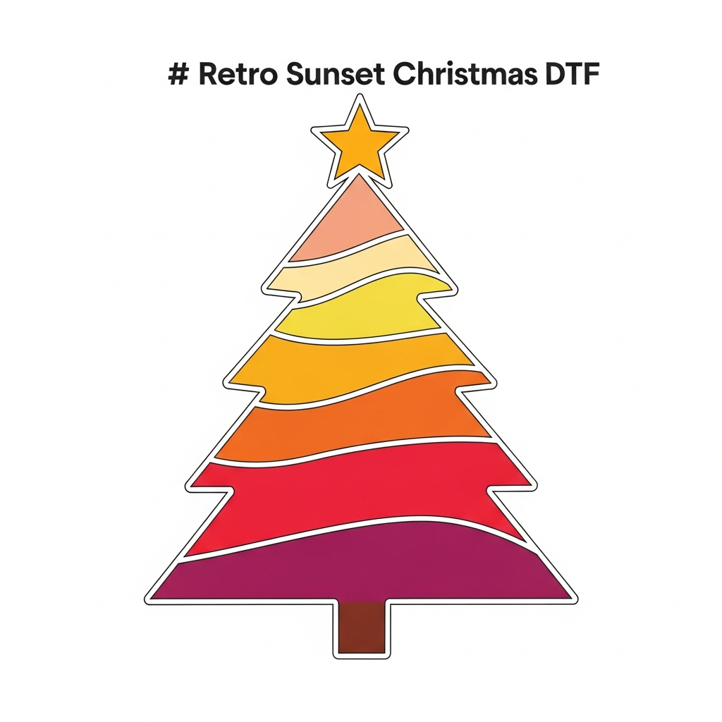 Christmas retro sunset stripes ready to press DTF heat transfer graphic featuring bold vintage-inspired layered stripe design with festive holiday elements, centered composition with high contrast colors, suitable for t-shirts hoodies and tote bags