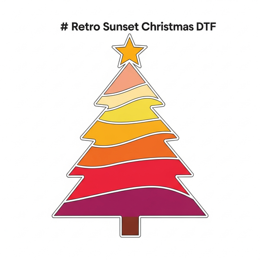 Christmas retro sunset stripes ready to press DTF heat transfer graphic featuring bold vintage-inspired layered stripe design with festive holiday elements, centered composition with high contrast colors, suitable for t-shirts hoodies and tote bags