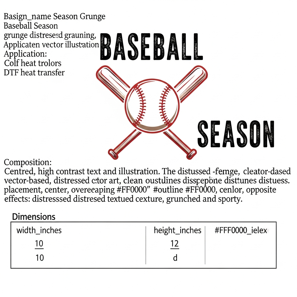 Baseball Season grunge distressed lettering DTF heat transfer graphic, ready to press, high contrast vector style design for t-shirts and hoodies