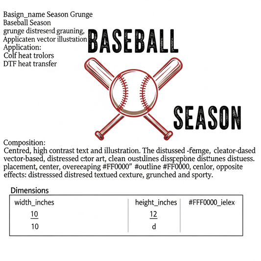 Baseball Season grunge distressed lettering DTF heat transfer graphic, ready to press, high contrast vector style design for t-shirts and hoodies