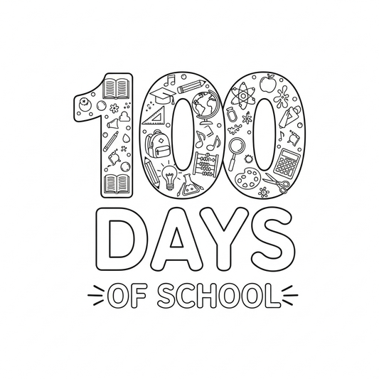 100 Days of School ready to press DTF heat transfer featuring a bold outline illustration design with high contrast colors, suitable for t-shirts, hoodies, and tote bags