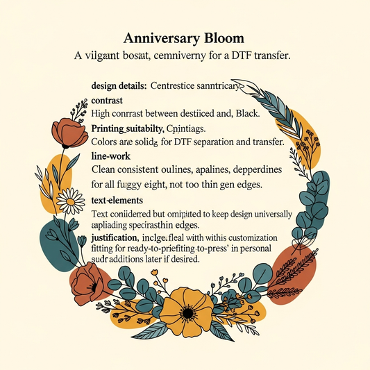 Boho floral anniversary celebration DTF heat transfer design with centered vector-style floral illustration in earthy high-contrast colors, ready to press on t-shirts, hoodies, and tote bags
