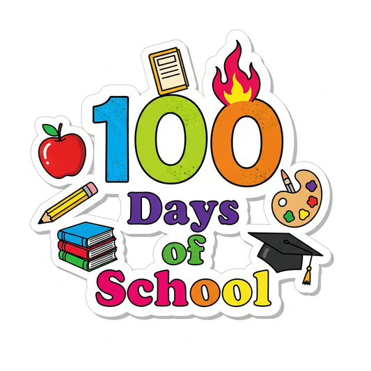 100 Days of School sticker style DTF heat transfer graphic with bold outlines and high contrast colors, ready to press on t-shirts and hoodies