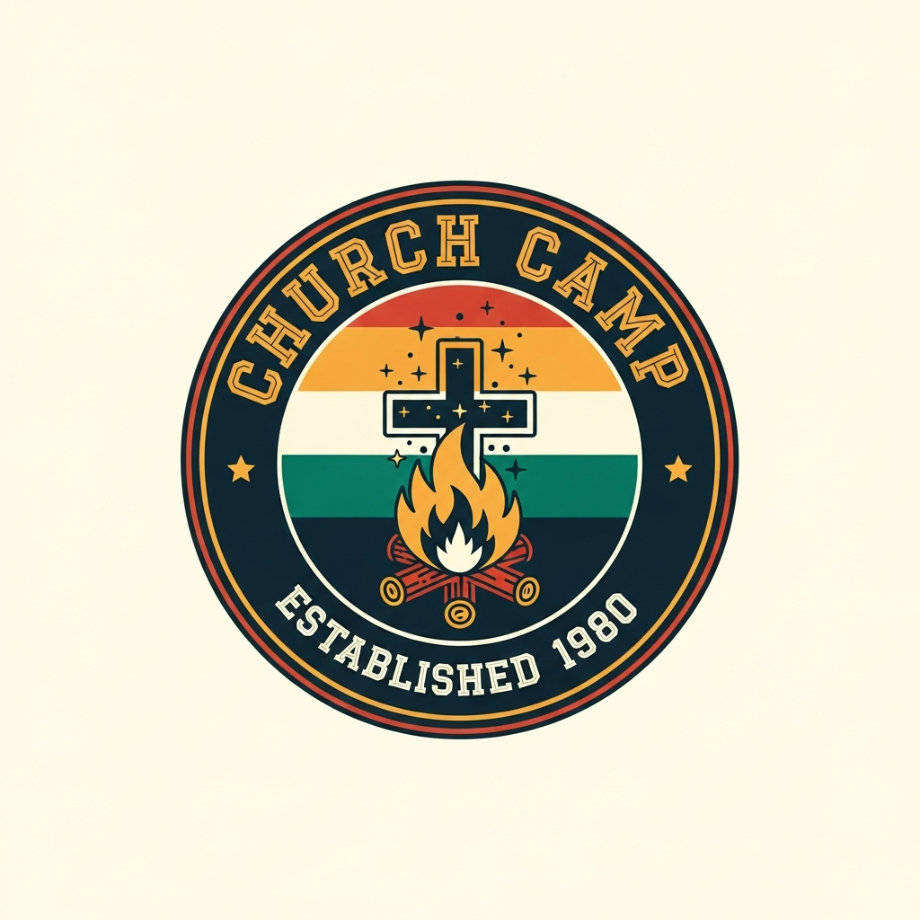 Church Camp retro badge ready to press DTF heat transfer graphic with vintage logo style, high contrast colors, and clean vector outlines — suitable for t-shirts, hoodies, and custom apparel