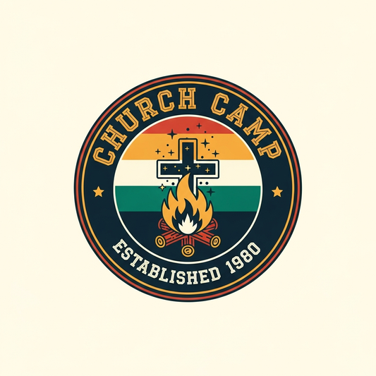 Church Camp retro badge ready to press DTF heat transfer graphic with vintage logo style, high contrast colors, and clean vector outlines — suitable for t-shirts, hoodies, and custom apparel