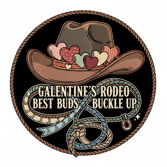 Galentine's Day western cowboy vintage DTF heat transfer graphic with bold vector illustration and high contrast colors, ready to press on t-shirts hoodies and tote bags