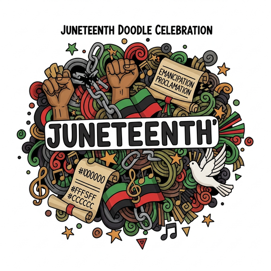 Hand drawn doodle style Juneteenth ready to press DTF heat transfer graphic with vibrant high contrast colors and bold centered illustration, suitable for t-shirts hoodies and tote bags