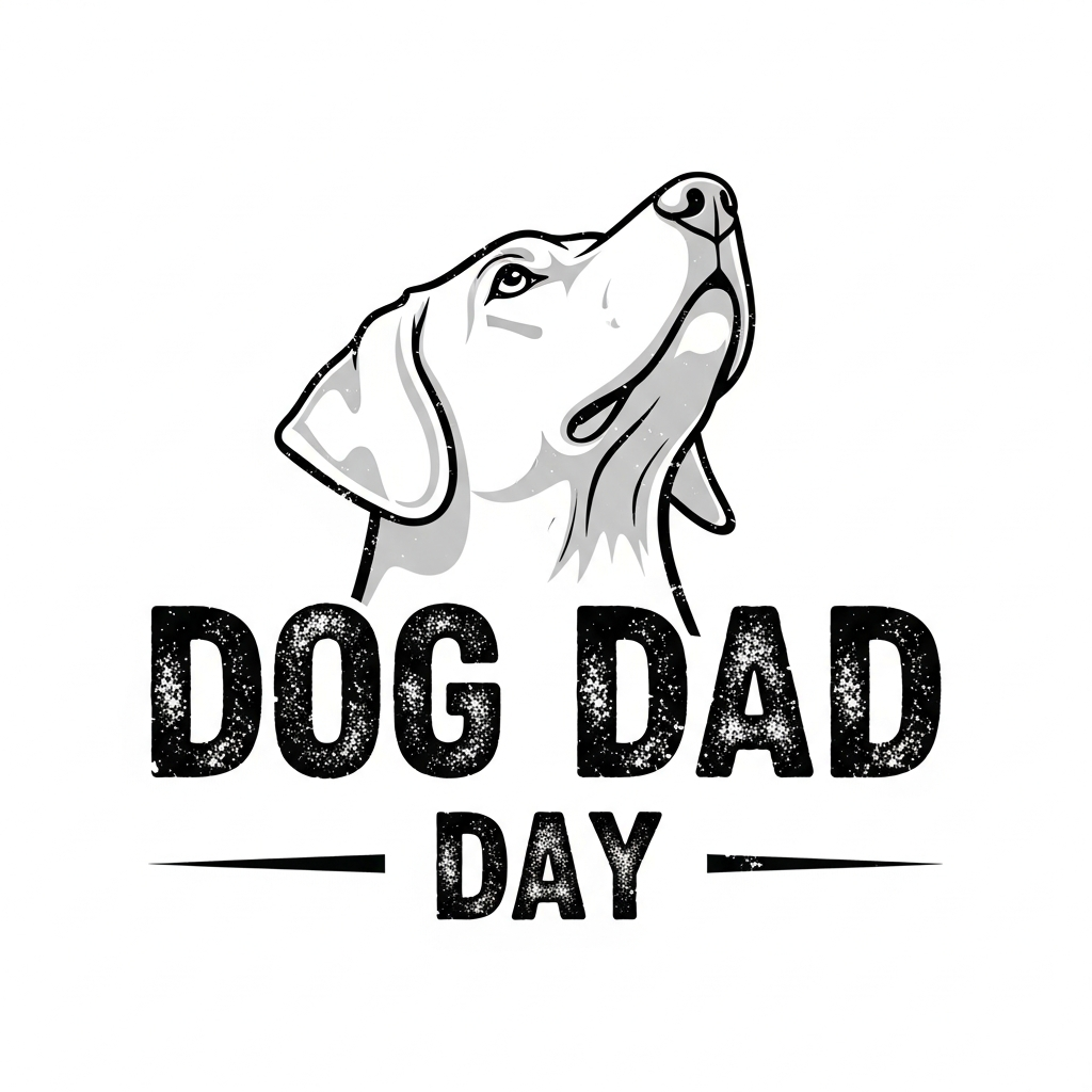 Dog Dad Day ready to press DTF heat transfer with grunge distressed lettering in high contrast colors, centered vector-style graphic design for t-shirts and apparel