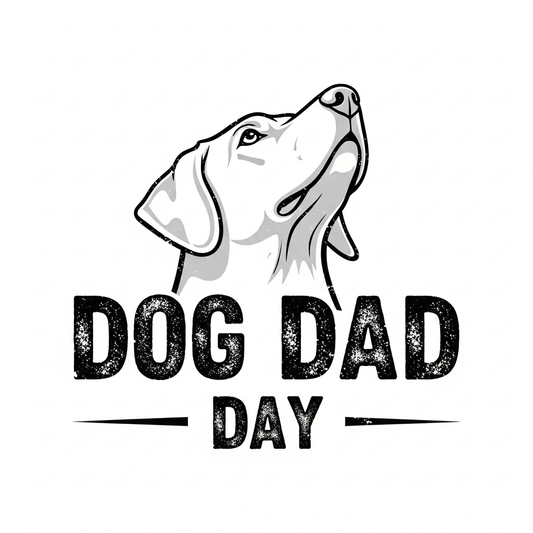 Dog Dad Day ready to press DTF heat transfer with grunge distressed lettering in high contrast colors, centered vector-style graphic design for t-shirts and apparel